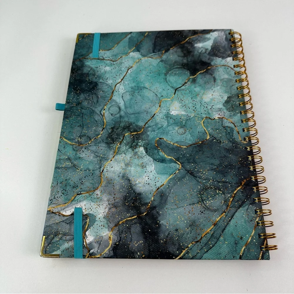 Turquoise Blue & Metallic Marble Spiral Clipboard Folio with Pocketed Dividers